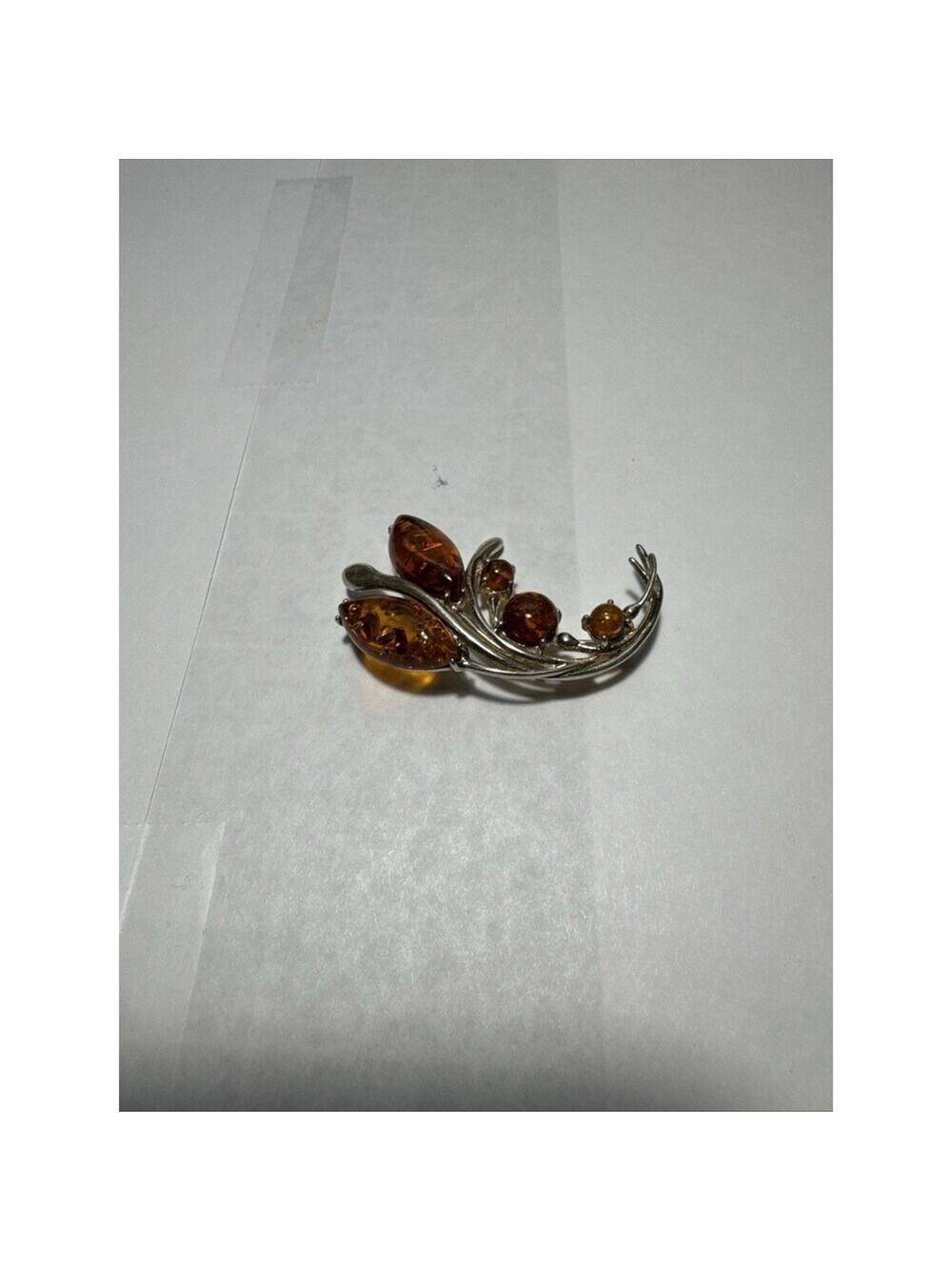 .925 Sterling Silver Baltic Amber Brooch Pin Vintage Flower, Not Marked, Tested.